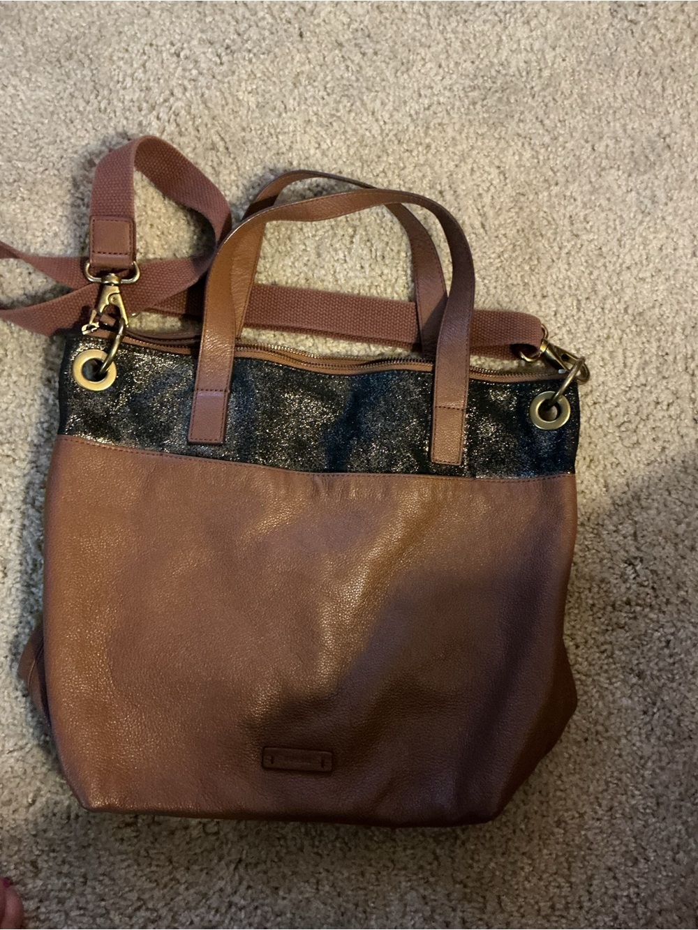 Fossil Brown Leather Shoulder Bag with Black Glitter Accent